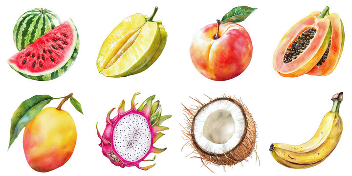 Set of watercolor fruits: peach, pomelo, watermelon, starfruit, coconut, dragonfruit, mango, banana, isolated on transparent background, template, mockup, cut out