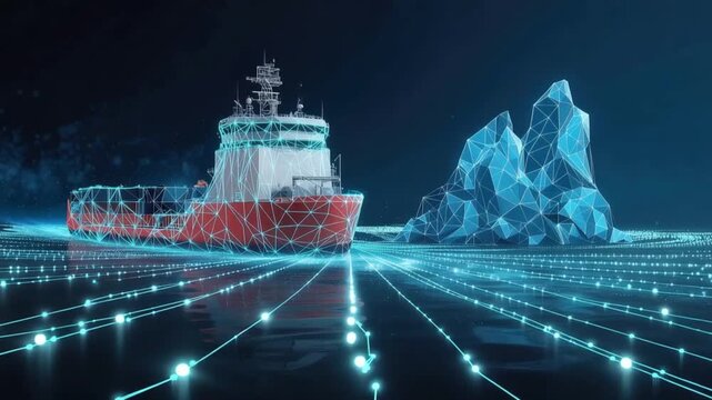 An icebreaker ship navigates through a digitally enhanced arctic environment. ..Created with Generative AI, not depicting real subjects.