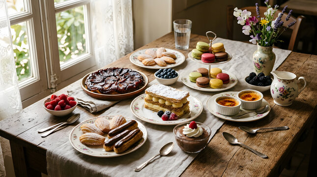 Assortment of French pastries on wooden surface