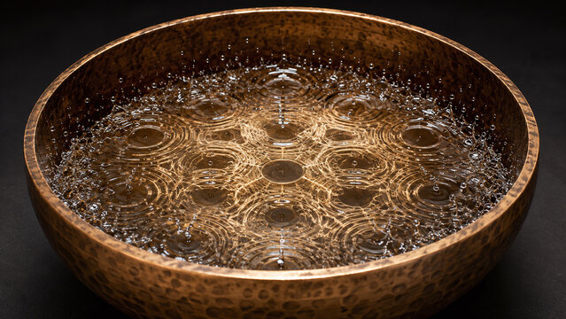 Tibetan singing bowl filled with water showing standing wave cymatics ripple patterns during resonance with symmetrical interference nodes water droplets thrown upward and warm bronze amber reflection