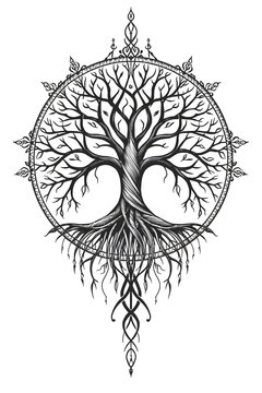 Mystical Yggdrasil tree tattoo design with intricate roots and mandala decorative border