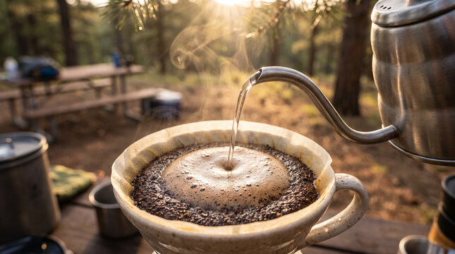 Close up of pouring hot water from a gooseneck kettle into a coffee dripper outdoors.