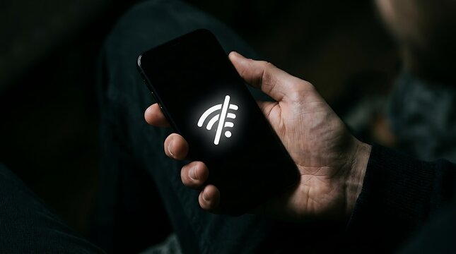 Hand holding a smartphone with a no Wi-Fi signal icon displayed on the screen, indicating a lost internet connection or network issue in a dark setting.
