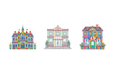 Naklejka premium Vector illustration of three colorful and whimsical fairy tale storefronts and buildings