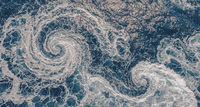 Aerial view of swirling ocean foam and turbulent blue water, abstract seascape highlighting dynamic currents, spiral patterns and energetic marine movement.