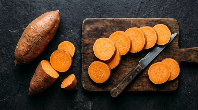 Fresh raw sweet potatoes sliced on a rustic wooden cutting board with a vintage kitchen knife overhead