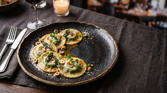 Ravioli di Spinaci e Ricotta: An elegant plating of circular ravioli filled with spinach and ricotta, in a sage and brown butter sauce, on a fine dining plate.