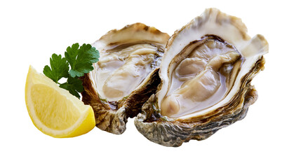 Two fresh oysters with lemon slice and parsley sprig © Peregrine
