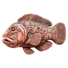 Fototapeta premium Intricate Copper Metal Fish Sculpture With Detailed Ornamental Patterns Against White Background