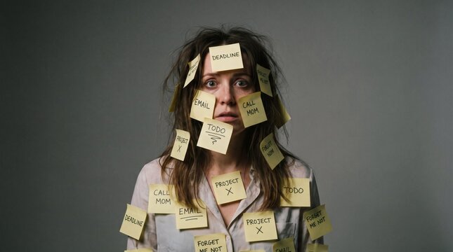 Overwhelmed Woman Covered in Sticky Notes Expressing Stress and Anxiety.