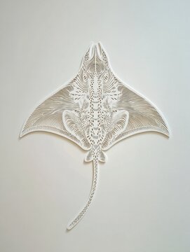 Intricate Laser Cut Paper Stingray Silhouette With Detailed Geometric Patterns On White Background