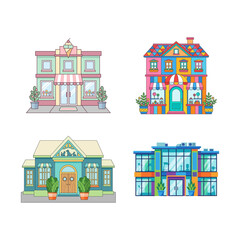 Fototapeta premium A collection of vector illustrations featuring four different colorful store fronts and buildings