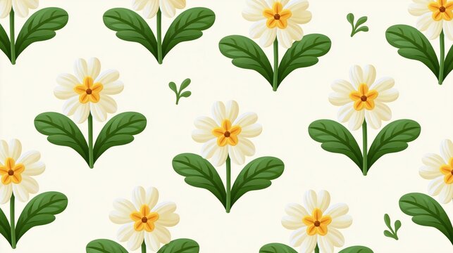 Seamless floral pattern with white primrose flowers and green leaves illustration design for spring textile fabric background decor