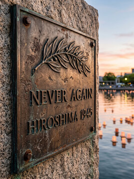 Memorial Bronze Plaque with Text Never Again Hiroshima 1945 on Stone Wall