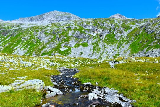 View of rock cliff and green meadows covering the mountain landscape above the Torbach alpine creek flowing through rock covered pasture in P&ouml;llatal in High Tauern, Carinthia, Austria