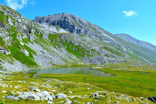View of Unterer Lanischsee lake in P&ouml;llatal surrounded by moorland bellow the mountains with green meadows and rock scree in High Tauern, Carinthia, Austria