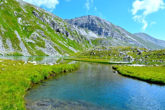 River with green meadow at the shore flowing to Oberere Lanischsee mountain lake in P&ouml;llatal, High Tauern, Carinthia, Austria