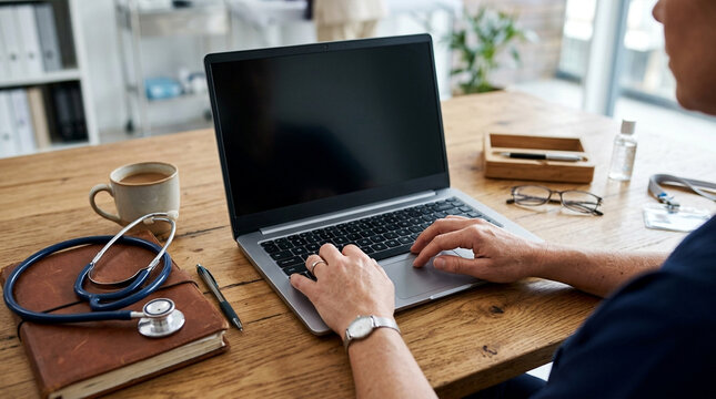Medical professional working on a laptop at a rustic wooden desk with a stethoscope and coffee