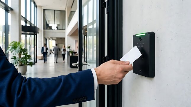 Businessman using RFID card for secure access in modern office building.