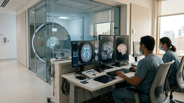 Medical professionals analyzing MRI brain scans in a modern clinic control room