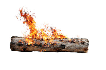 Fototapeta premium Burning wooden beam with bright orange flames, isolated PNG on transparent background