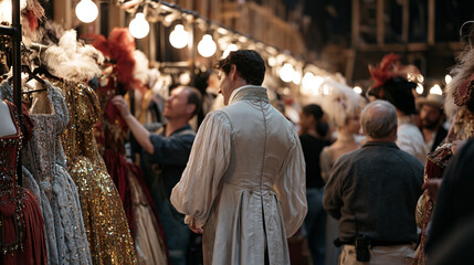 Fototapeta premium Theatrical wardrobe crew unpacks vintage costumes under warm dressing room bulb lights, a large ensemble of performers and dressers gathered around rolling racks, sequined period