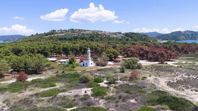 Coastal pine landscape featuring a white lighthouse sandy