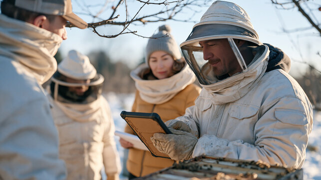 A group of apiarists in full protective gear standing in a snow dusted December orchard huddled around a specialist sharing cosmic radiation hive monitoring data on a ruggedized