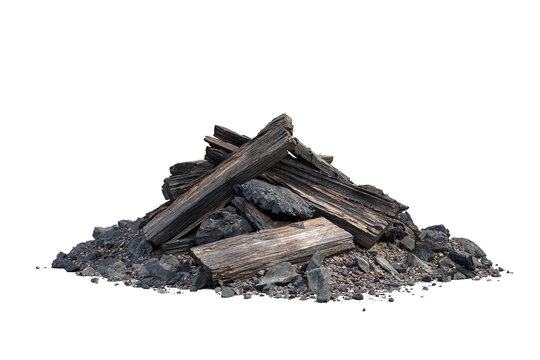 Burnt wooden planks and rubble pile with charred timber and scattered debris, isolated PNG on transparent background