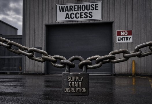 Heavy metal chain blocks warehouse entrance, illustrating supply chain disruption, logistics crisis, restricted access, transportation delays, inventory shortages, global trade, and business interrupt