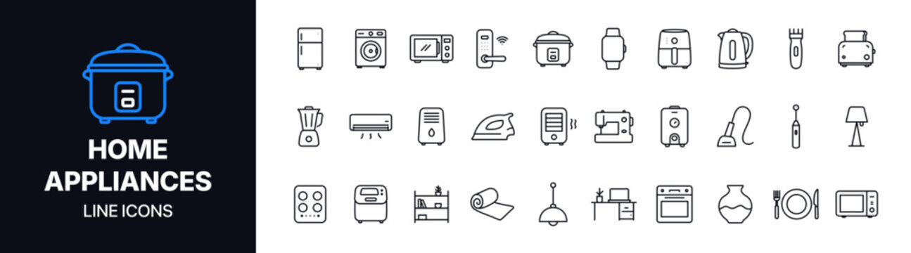 Modern home appliances line icon set featuring refrigerators, washing machines, ovens, microwaves, coffee makers, irons, vacuum cleaners, kitchen equipment and household devices in minimal outline