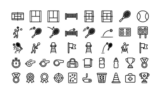 Tennis Court and Gameplay Editable Line Icon Set Vector