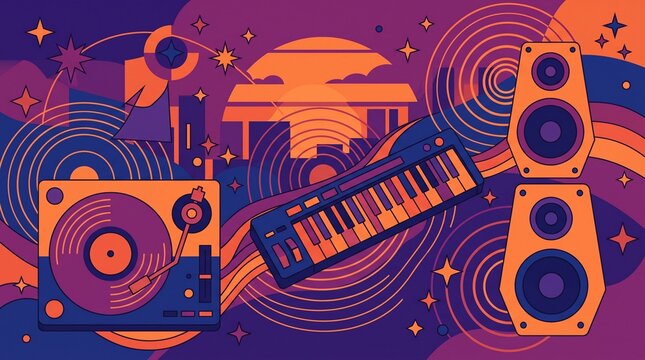 Lo-Fi Chillwave Abstract Music Background with Vinyl Record Player and Speakers