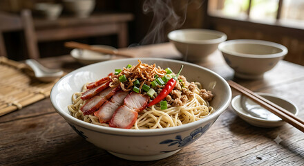 Naklejka premium Authentic Sarawak Mee Kolo Traditional Noodles with Char Siu
