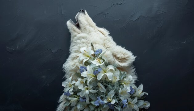 Howling white wolf adorned with a chest of white lilies and light blue flowers top down botanical flat lay on dark background