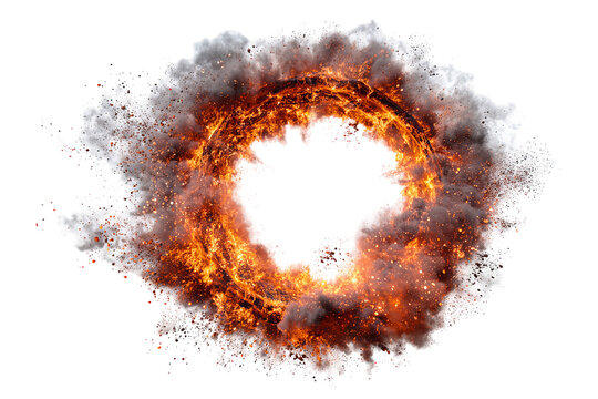 Circular explosion fire ring with bright orange flames and glowing sparks, isolated PNG on transparent background