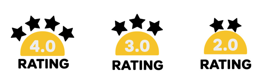 Rating Stars: A trio of rating icons featuring stars and semi-circular backgrounds with numerical values of 4.0, 3.0, and 2.0, signifying different levels of performance or quality.