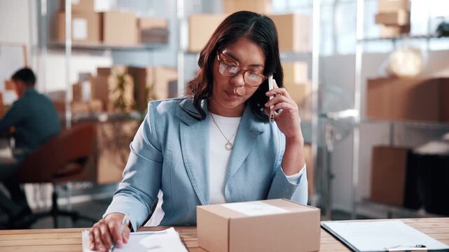 Small business, box or woman with phone call for logistics, parcel enquiry or delivery coordination. Distribution startup, worker or mobile chat with clipboard for order dispatch, courier or schedule