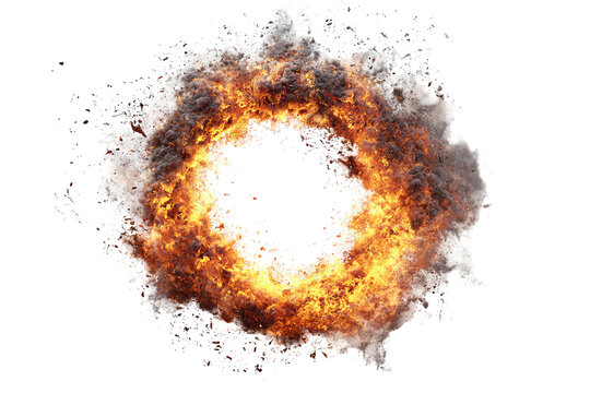Circular explosion fire ring with bright orange flames and glowing sparks, isolated PNG on transparent background