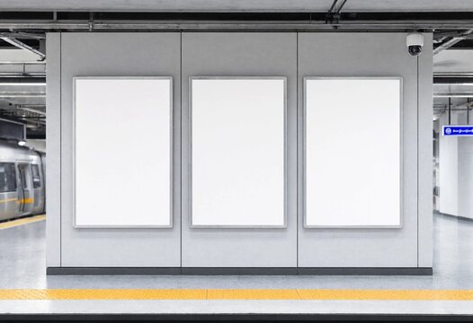 Three blank advertising billboards on a modern train station platform at night, ideal for branding, mockups, outdoor marketing, commercial campaigns, and promotional displays.