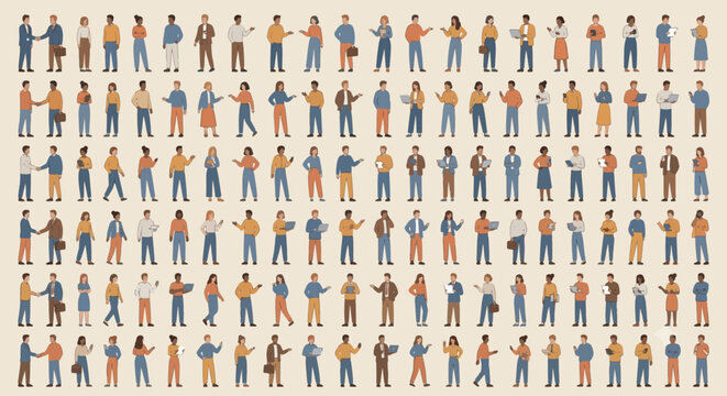Diverse collection of illustrated people in casual and professional poses representing global community and workforce diversity