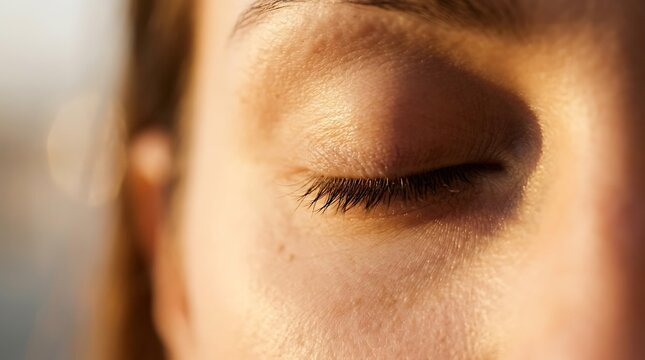 Extreme macro of a closed eye with long eyelashes in warm sunset light, peaceful woman with closed eye resting in nature, detailed skin texture of a closed eye during golden hour.