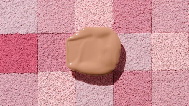 View from above extreme close-up shot of a beige soft foundation smear casting a shadow over a pink square sifted powder mosaic background | Foundation marketing concept