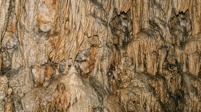 Close up of a cave wall with stalactites and stalagmites forming natural sculptures.