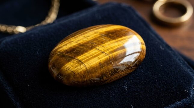 Close up of a polished tiger eye gemstone with natural brown and yellow stripes.