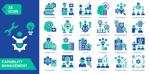 Fototapeta premium Capability Management Solid Icon Set. Featuring workforce planning, skill assessment, talent development, and resource management. Vector icons for HR software and business platforms.