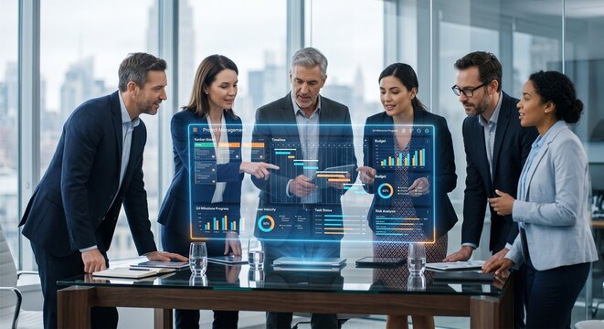 Corporate Team Collaborating with Futuristic Floating Project Management Dashboard in Meeting Room