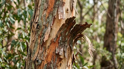 Fototapeta premium Close up of peeling bark on a eucalyptus tree trunk with colorful patterns.