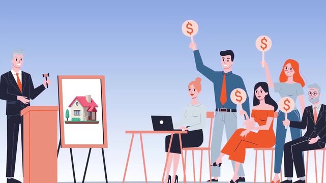 2D Animated Auctioneer Selling House to Audience Bidders Raising Dollar Bid Signs Flat Vector Character Animation Footage
