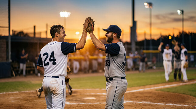 Medium horizontal candid shot of two adult male baseball teammates
